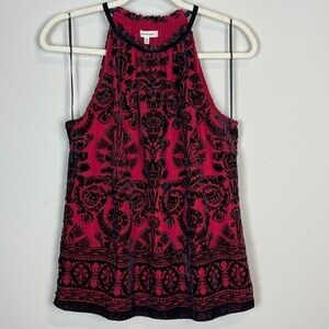Max Studio Red Black Burnout Velvet Embellished Sleeveless Top S